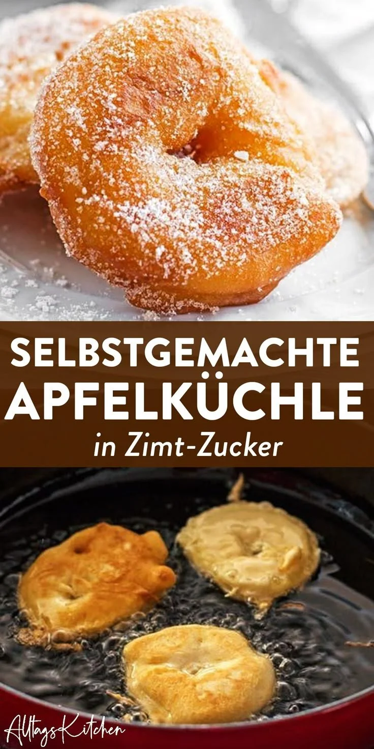 Leckere Apfelküchle nach Omas Rezept, goldbraun frittiert mit Zimt und Zucker.