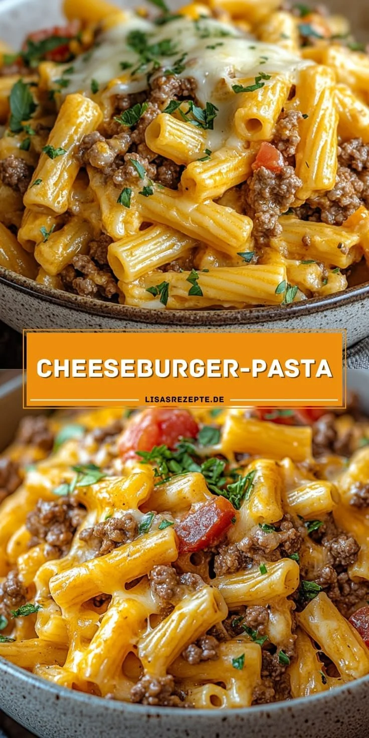 Leckeres Cheeseburger-Pasta Gericht auf einem Teller mit frischen Zutaten.