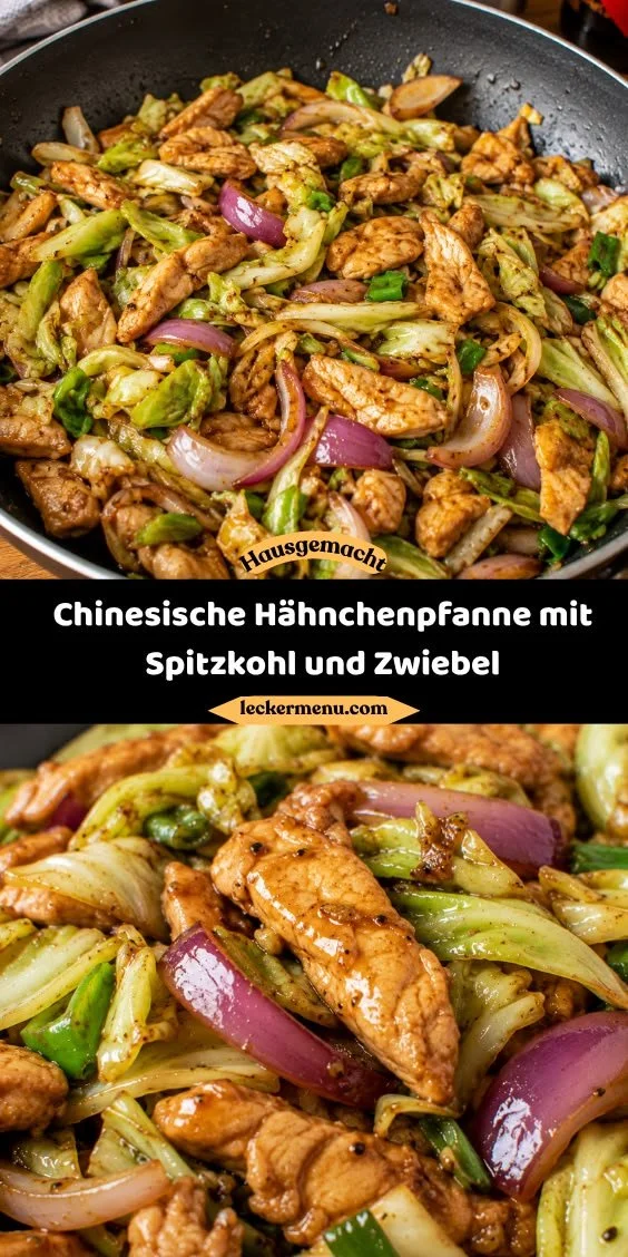 Chinesische Hähnchenpfanne mit Spitzkohl und Zwiebeln auf einem Teller serviert.