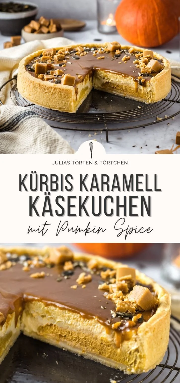 Cremiger Kürbis Käsekuchen mit Karamellschicht, perfekt für den Herbst.