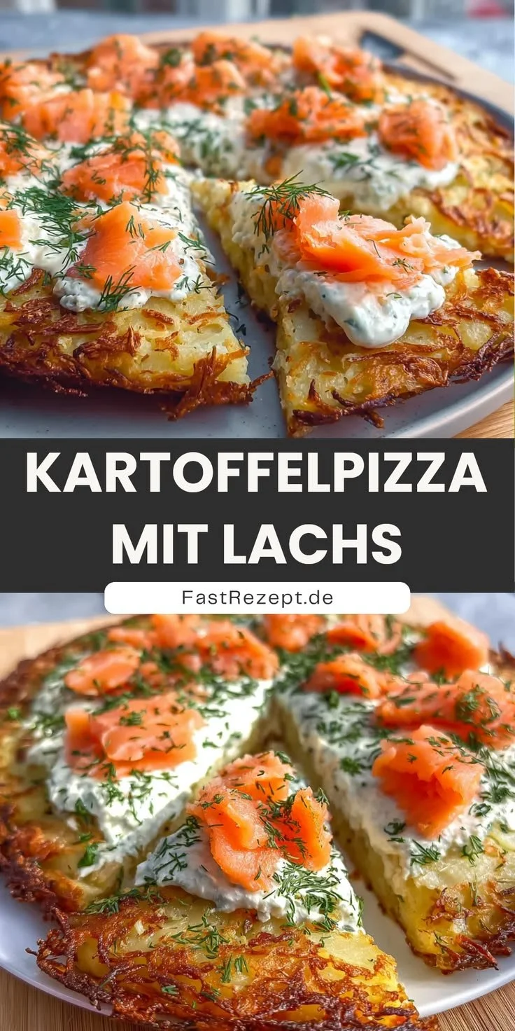 Leckere Kartoffelpizza mit Lachs und frischen Kräutern