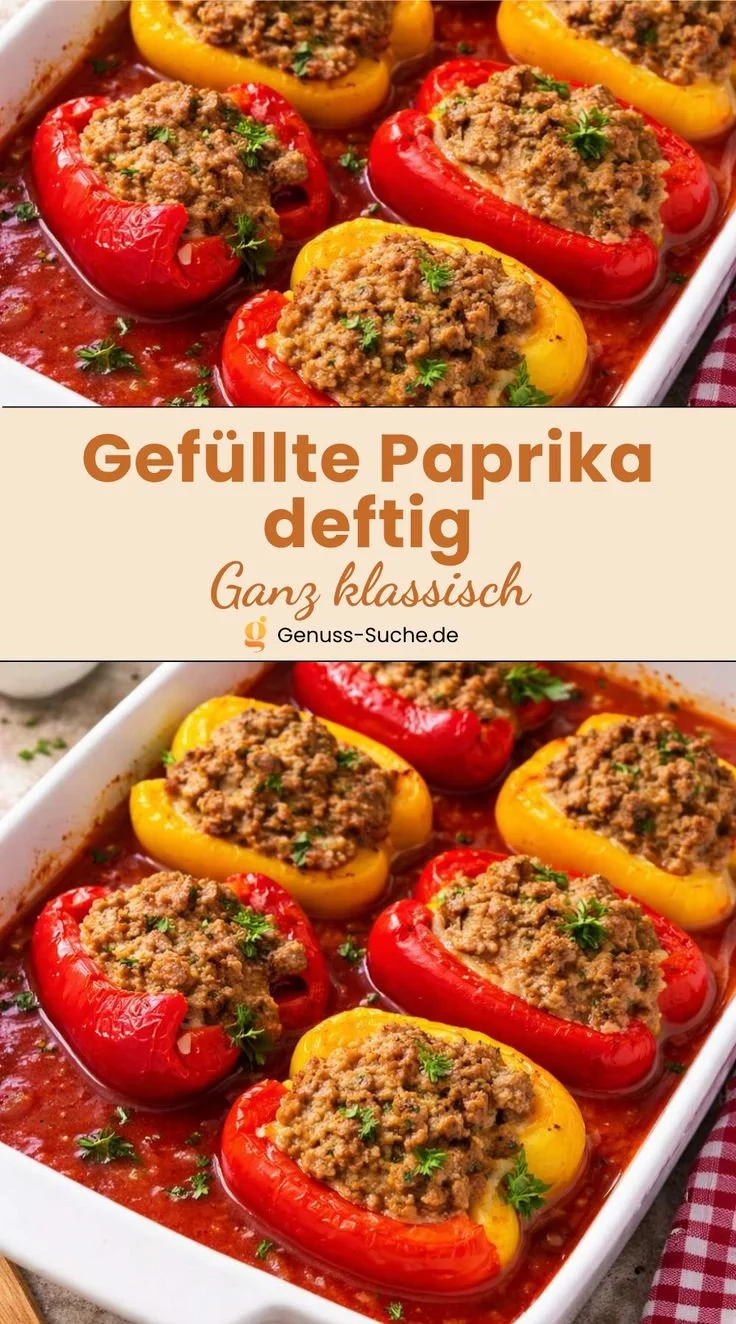 Klassisch zubereitete gefüllte Paprika auf einem Teller angerichtet