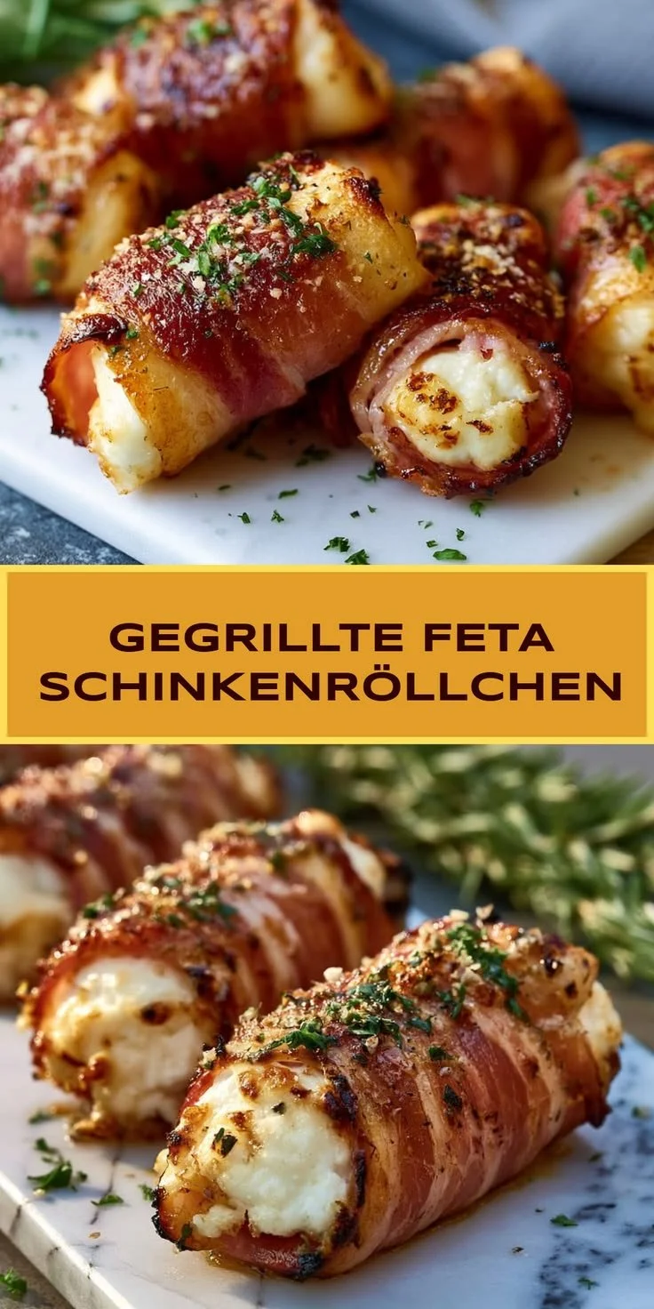 Gegrillte Feta Schinkenröllchen auf einem Teller serviert.