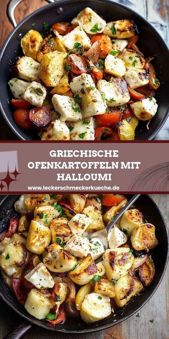 Griechische Ofenkartoffeln mit Halloumi auf einem Teller serviert