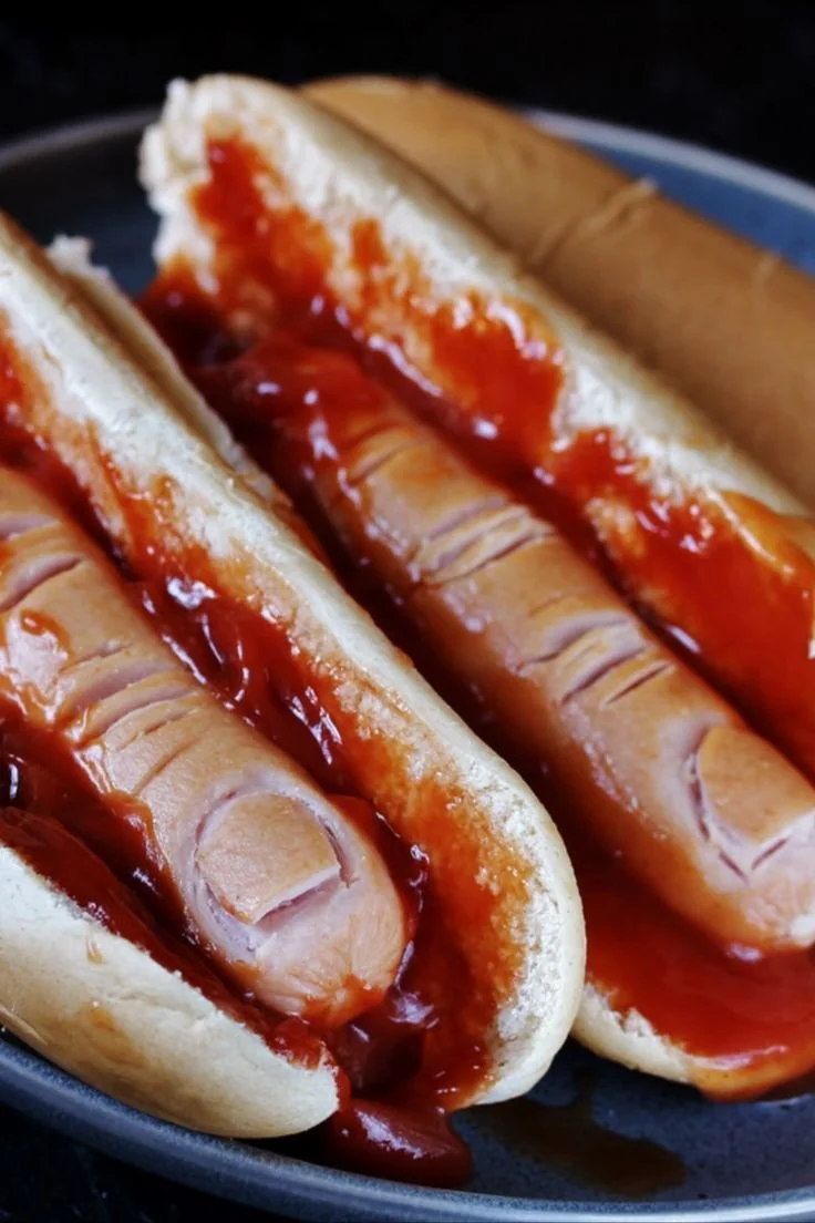 Halloween Hot Dog mit Wurstfinger und Ketchup auf einem Teller