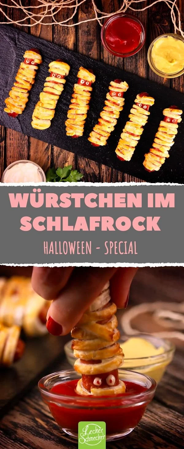 Mumien Fingerfood aus Würstchen im Schlafrock, ideal für Halloween-Partys