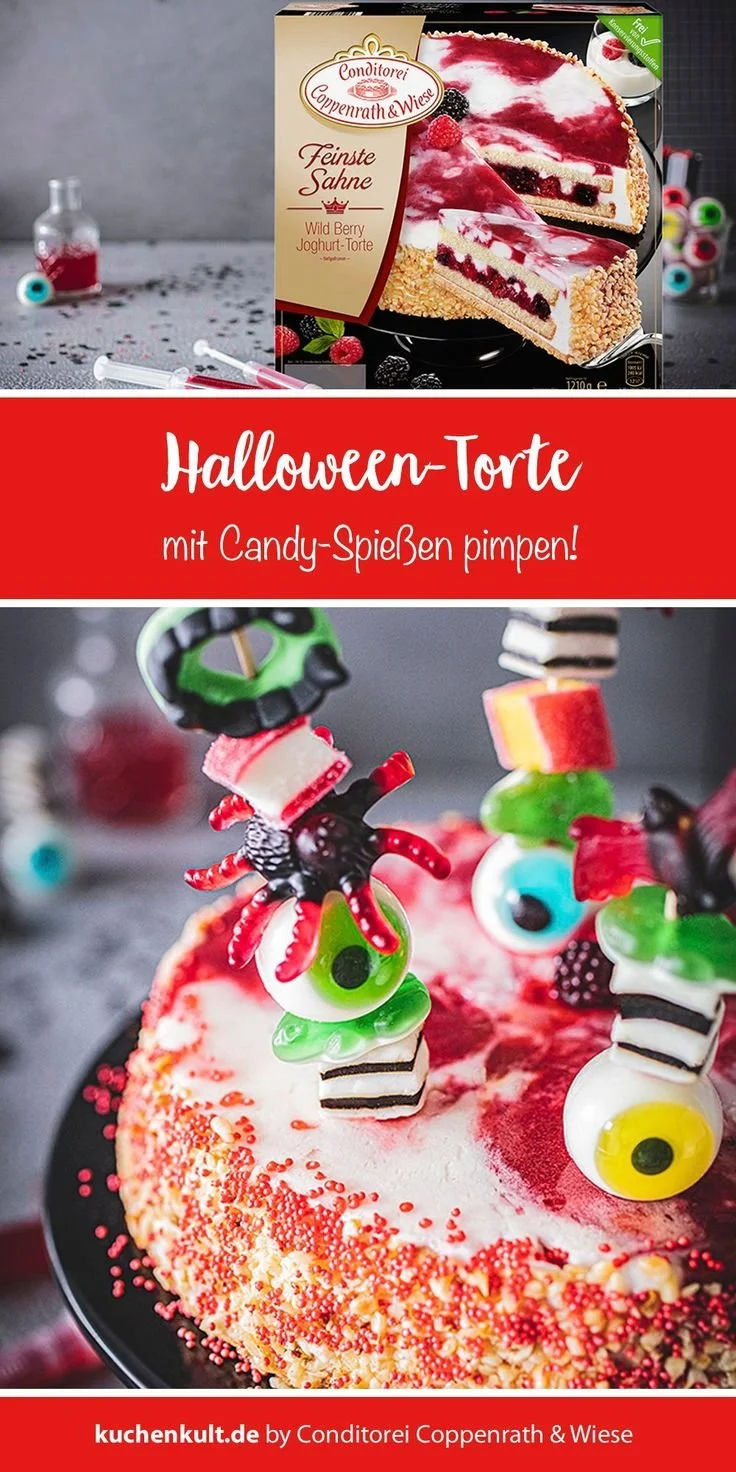 Halloweentorte mit buntem Candyspieß-Dekor für Halloween-Feiern.