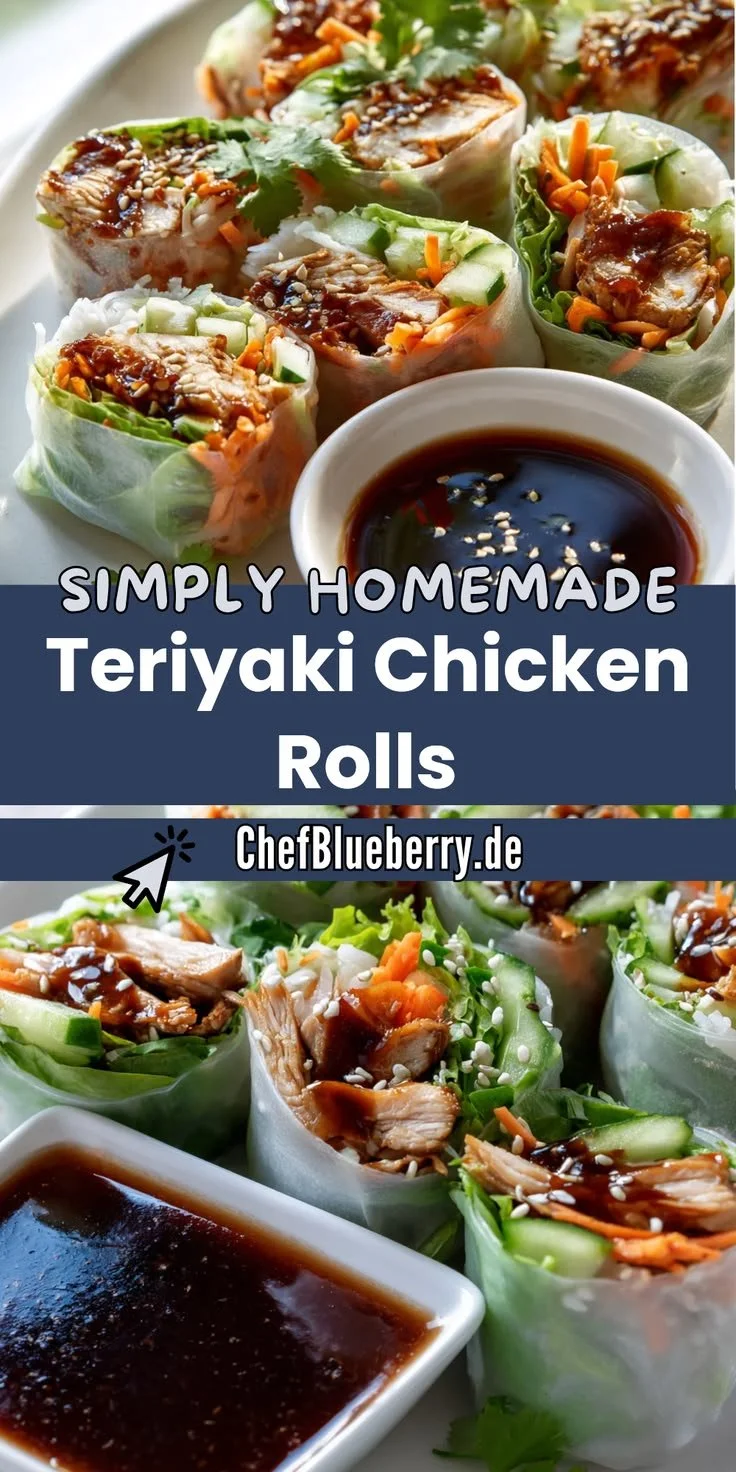 Teriyaki Hähnchen Rollen auf einem Teller serviert, perfekt für ein Abendessen.
