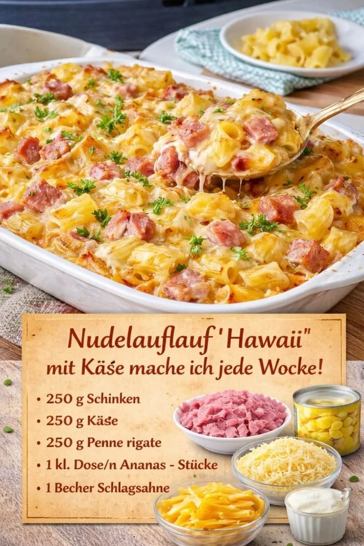 Nudelauflauf Hawaii mit cremiger Sauce und frischem Gemüse