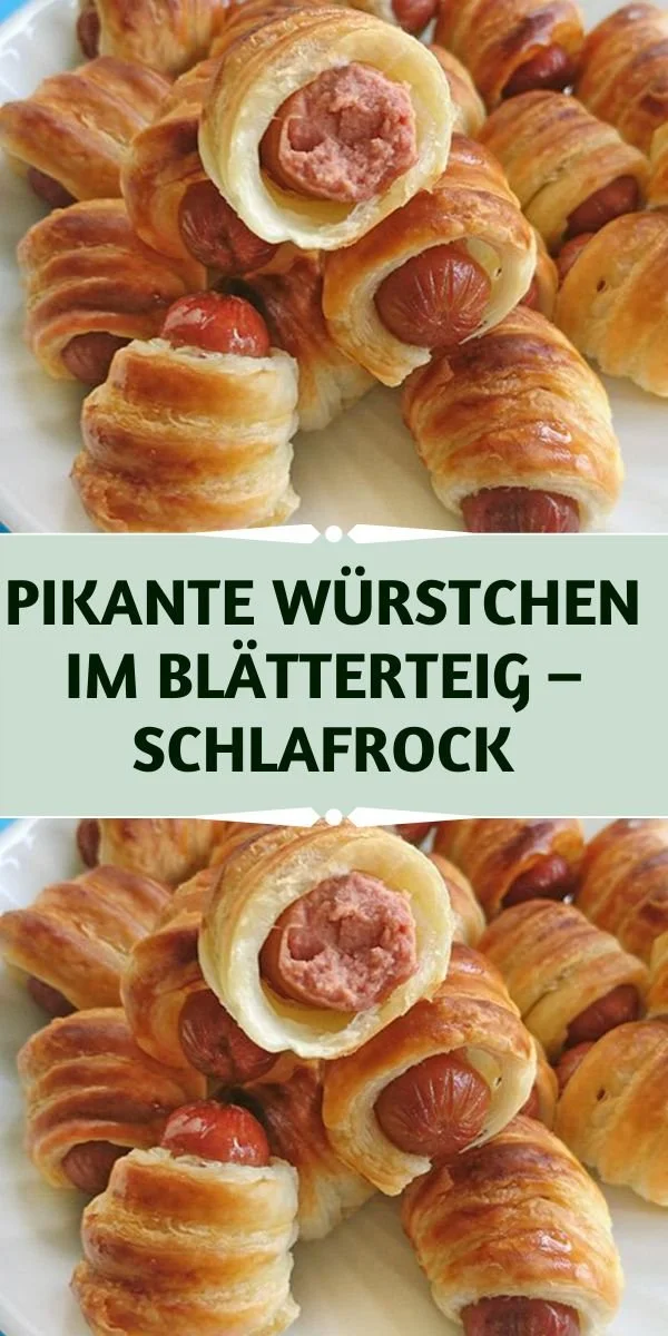 Pikante Würstchen im Blätterteig auf einem Teller, bereit zum Servieren.