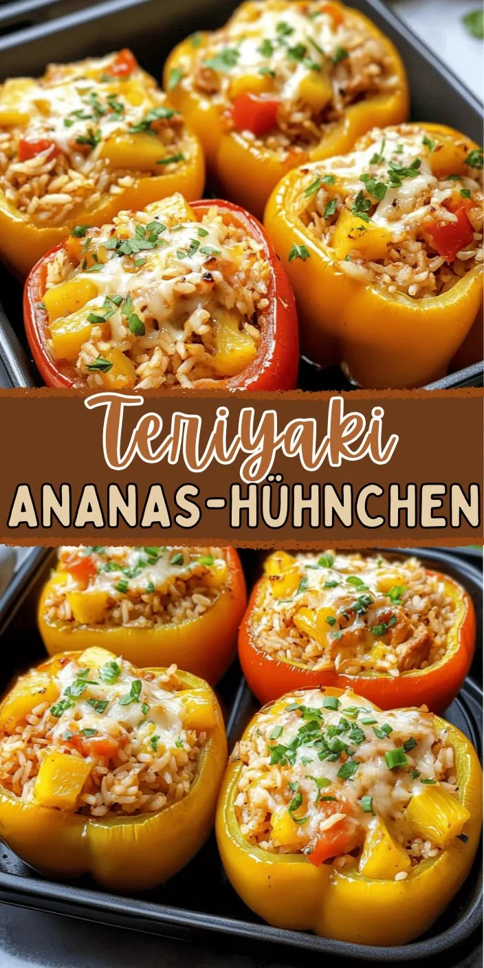 Teriyaki-Ananas-Hühnchen-Reis gefüllte Paprika auf einem Teller