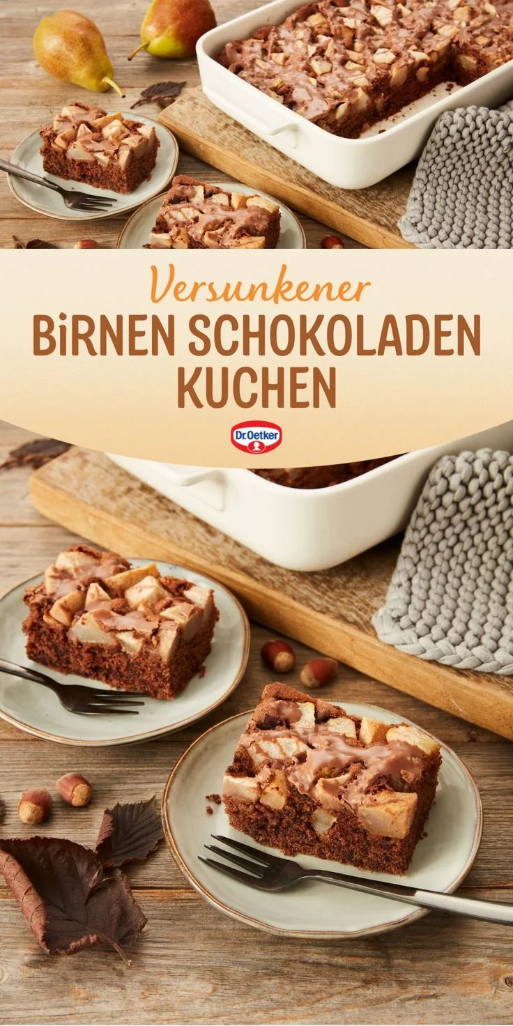 Versunkener Birnen Schokoladenkuchen auf einem Teller